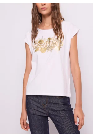 GAUDI - Γυναικείο λευκό μπλουζάκι με τύπωμα και λογότυπο