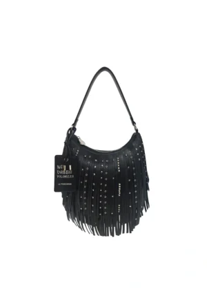 LE PANDORINE - Arizona medium shoulder bag with fringes and studs in black color