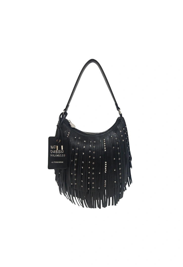 LE PANDORINE - Arizona medium shoulder bag with fringes and studs in black color